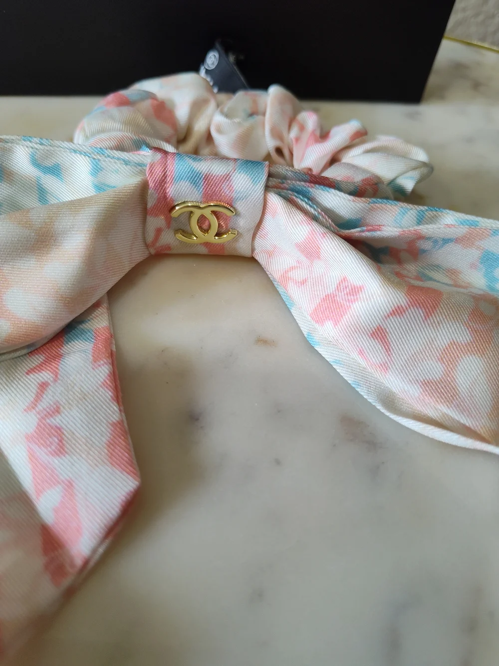 CHANEL Silk Bow Scrunchie Hair Tie Pink Blue Gold CC 100% Silk NIB NWT